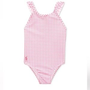 NWT Polo Ralph Lauren Girl's Pink Gingham Ruffled One-Piece Swimsuit Size 14